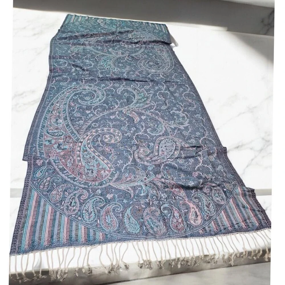 Pashmina Silk Turkish Shawl Blue Multicolor 60in x 25in‎